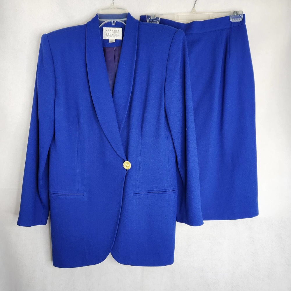 Valerie Stevens Wool Crepe Blazer Skirt Suit Royal Blue S 10 Gold Button Vintage